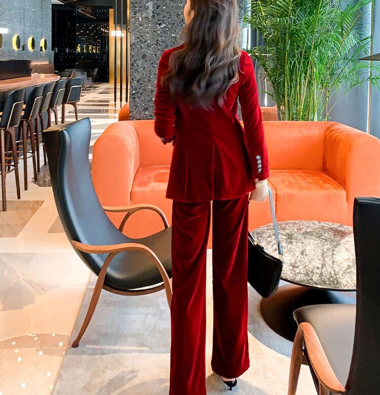 Velvet Red Pantsuit, Deluxe Designer Woman Korean Style Minimalist Montone Suit Jacket + Pants for Smart Casual/ Formal/ Gift for her