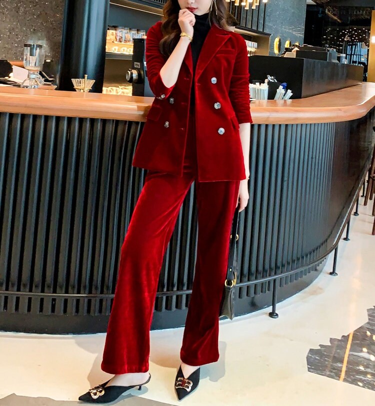 Velvet Red Pantsuit, Deluxe Designer Woman Korean Style Minimalist Montone Suit Jacket + Pants for Smart Casual/ Formal/ Gift for her