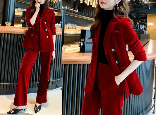 Velvet Red Pantsuit, Deluxe Designer Woman Korean Style Minimalist Montone Suit Jacket + Pants for Smart Casual/ Formal/ Gift for her