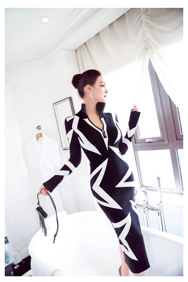 Black & White Star Pattern Bodycon Dress, Designer Woman One Piece Long Dress for Smart Casual/ Formal/ Event Party/ Gift for her