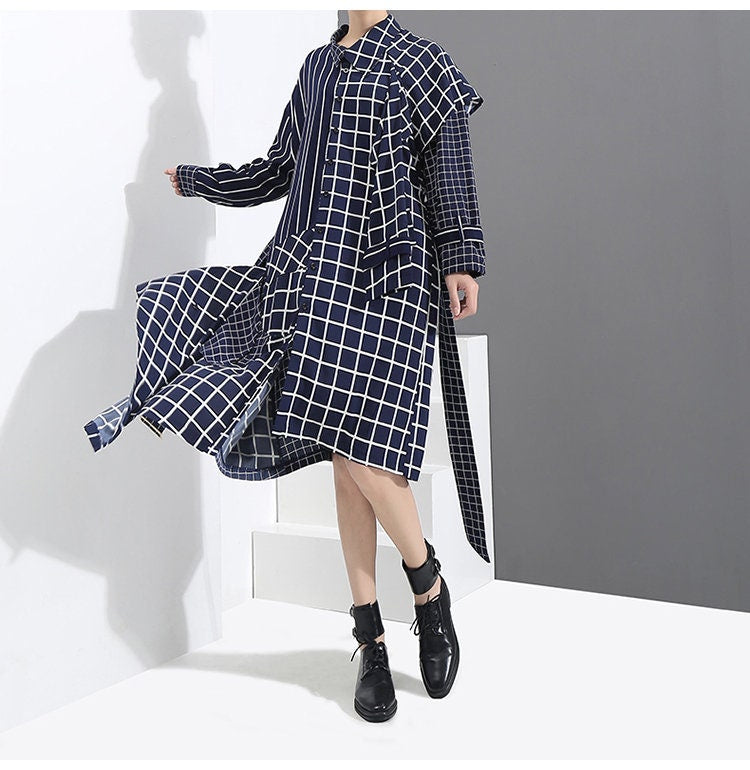 Asymmetric Check Shirtdress, Designer Woman Geometric Style Blouse Dress With Belt for Smart Casual/ Formal/ Event Party/ Gift