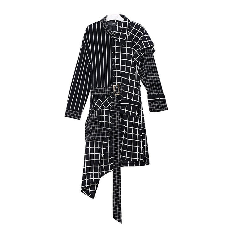 Asymmetric Check Shirtdress, Designer Woman Geometric Style Blouse Dress With Belt for Smart Casual/ Formal/ Event Party/ Gift