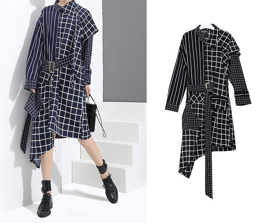 Asymmetric Check Shirtdress, Designer Woman Geometric Style Blouse Dress With Belt for Smart Casual/ Formal/ Event Party/ Gift