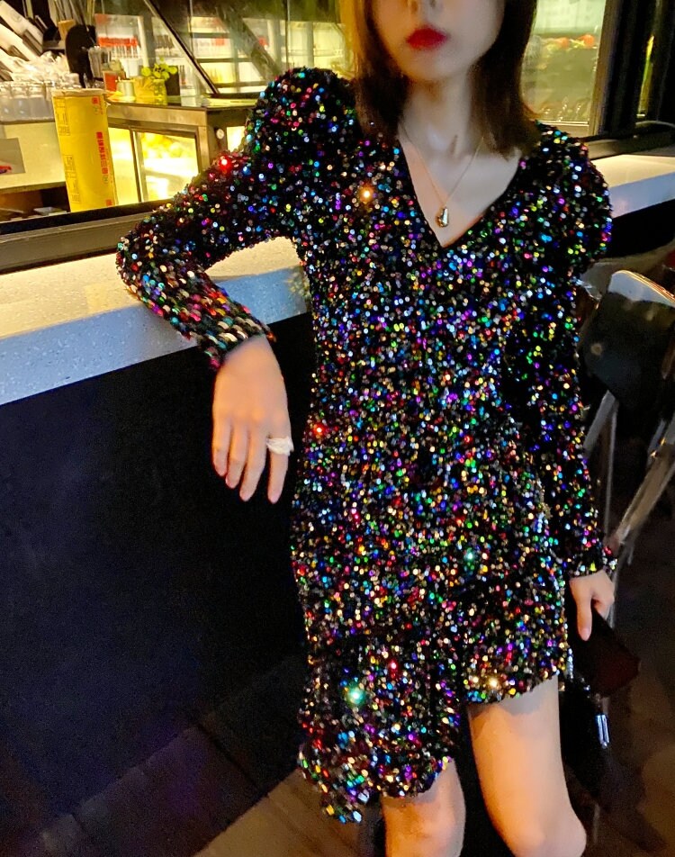 Rainbow Sequin Dress, Designer Woman Shiny Skirt Asymmetric Style for Casual/ Event Party/ Gift for her