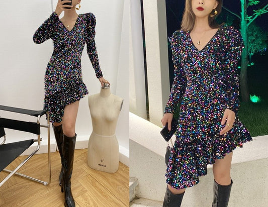 Rainbow Sequin Dress, Designer Woman Shiny Skirt Asymmetric Style for Casual/ Event Party/ Gift for her