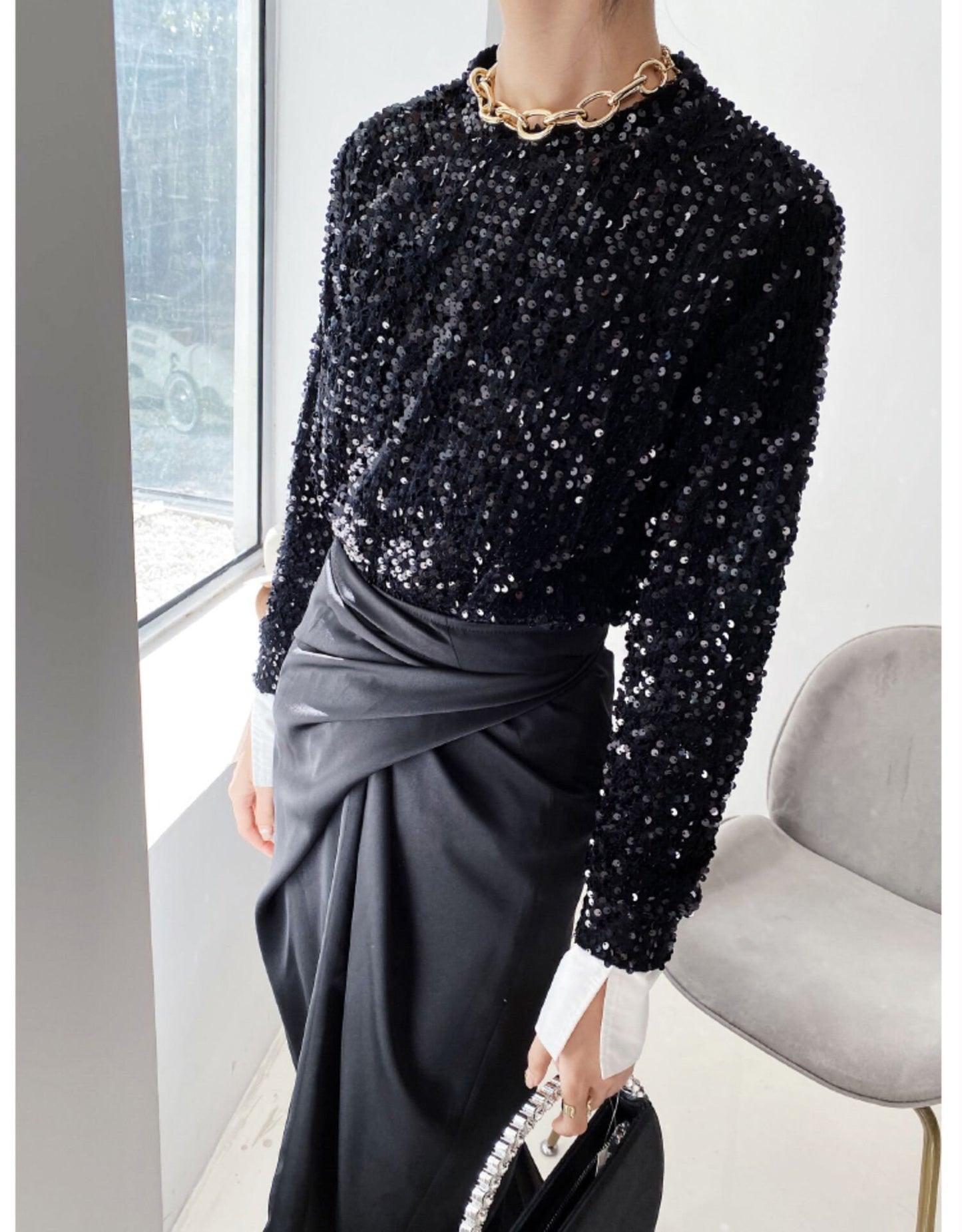 Woman Sequin Black Shiny Blouse, Designer Shirt Two Layer White Cuff Party Event Clothes Smart Casual Gift for her