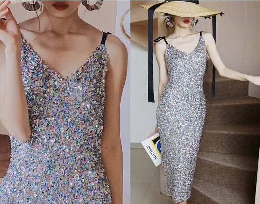 Rainbow Sequin One Piece Dress, Designer Woman Night Party Event Dress Smart Casual Formal Gift for her