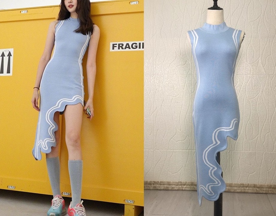 Asymmetry Wave Cut Dress, Designer Woman One Piece Long Dress Sleeveless in Light Blue/ Black/ Red Event Party/ Casual/Formal/ Outdoor/ Gift