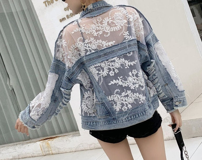 Denim Jacket with Lace Die Cut Pattern, Designer Woman Blue Jeans Street Coat Floral Embroidery Lace Pattern Event Party Outdoors Her Gift