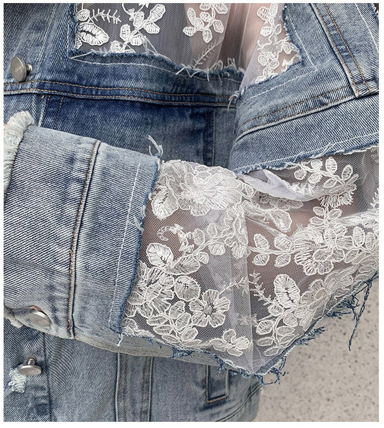 Denim Jacket with Lace Die Cut Pattern, Designer Woman Blue Jeans Street Coat Floral Embroidery Lace Pattern Event Party Outdoors Her Gift