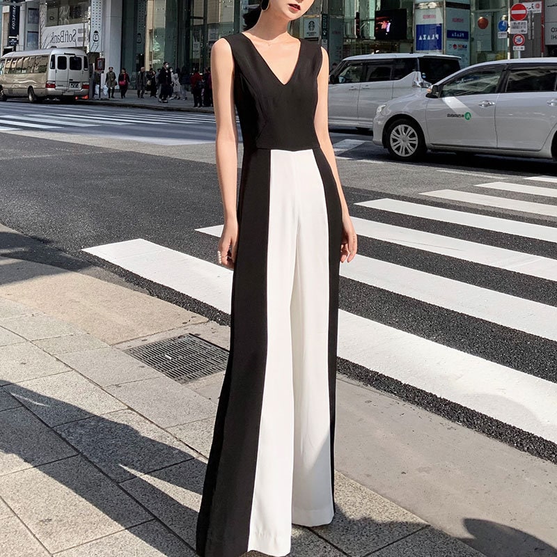 Black & White Jumpsuit, Designer Woman Minimalist Elegant Simple Style Smart Casual Formal Event Party Gift for her