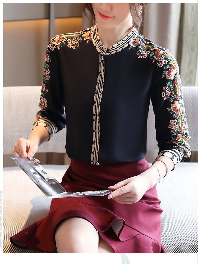 Vintage Floral Pattern Blouse, Designer Woman Sleeve Collar Shirt Classic Elegant for Smart Casual/ Formal/ Event Party/ Gift for her