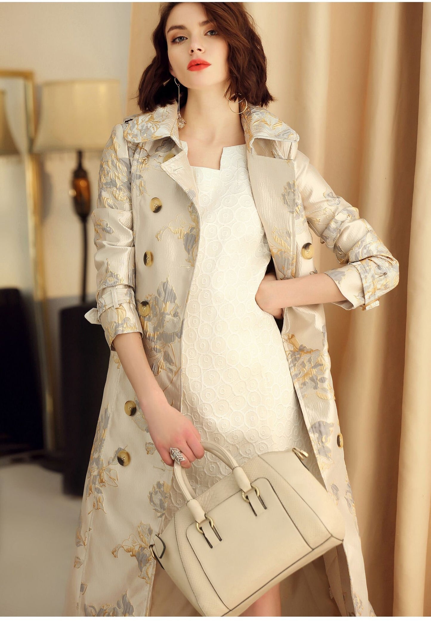 Gold Embroidery Trench Coat Designer Woman Long Raincoat Elegant Grand Look Event Party Formal Birthday Wedding Gift