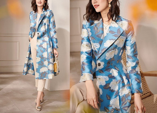 Blue Heavy Embroider Trench Coat, Designer Woman Long Raincoat Foral Pattern Elegant Grand Look Party Event Formal Birthday Wedding Her Gift