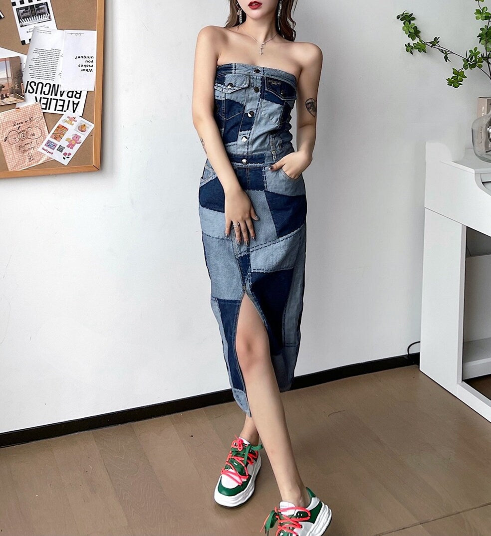 Patchwork Denim Long Dress, Designer Woman Street Casual One Piece Blue Jeans Collage Art Event Party Gift for her