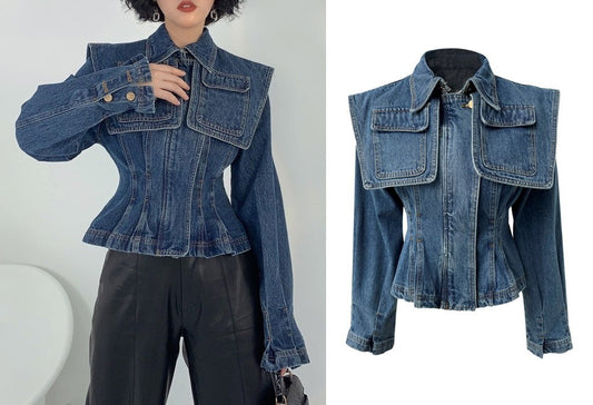 Denim Jacket with Large Cape, Designer Woman Blue Jeans Peacoat Street Style Casual Event Party Clothes Gift for her