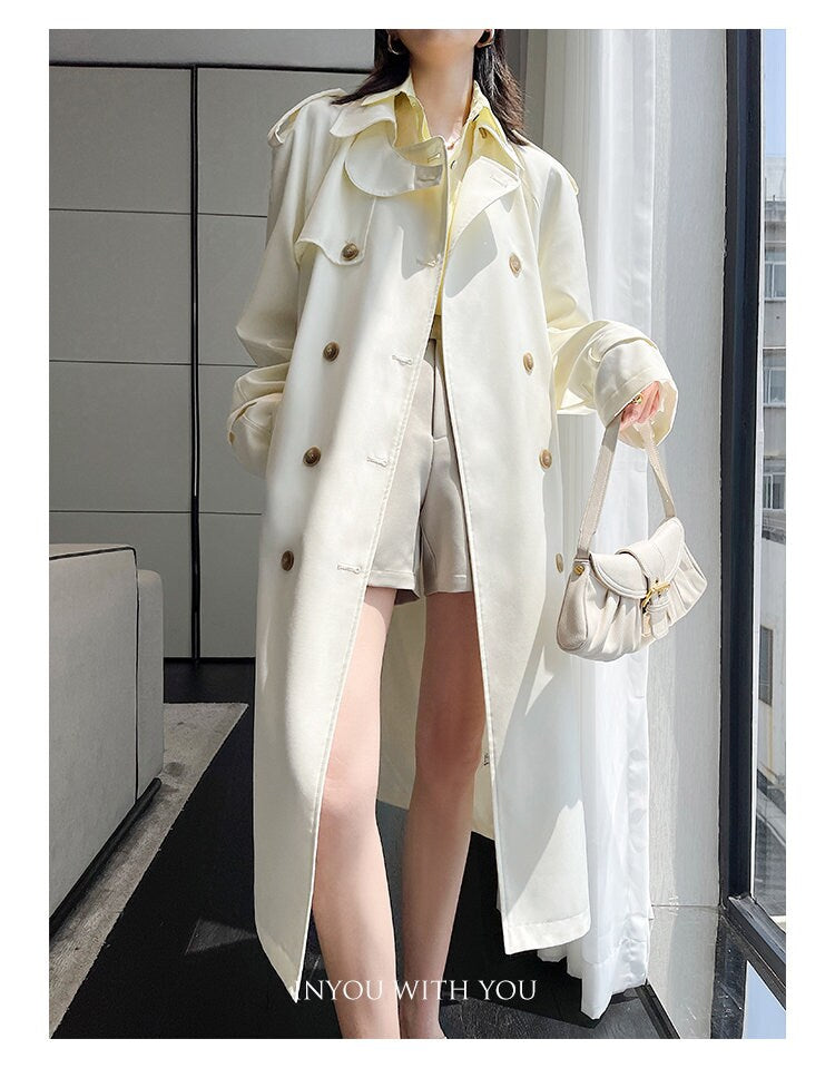 White/ Gray Trench Coat, Designer Woman Long Raincoat Minimalist Style for Smart Casual/ Formal/ Outdoors/ Event Party/Gift for her