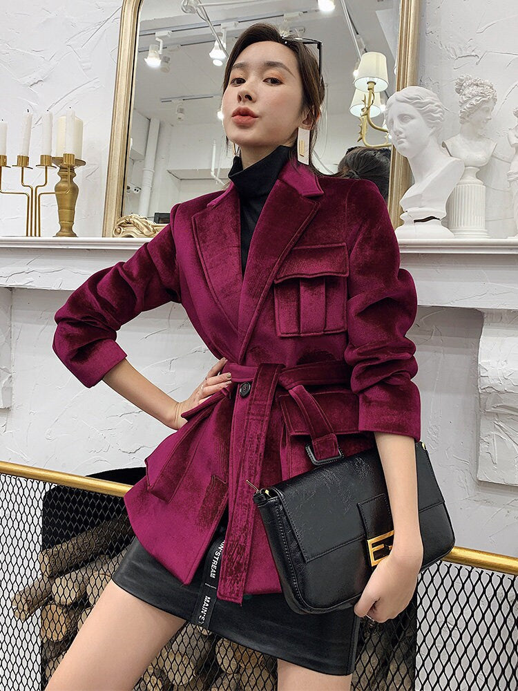 Red/ Blue Velvet Long Blazer, Designer Woman Suit Jacket Peacoat Minimalist Style Classic Vintage for Smart Casual/ Formal/ Event Party