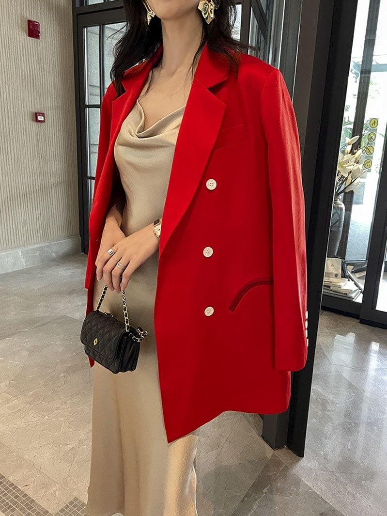 Red Satin Texture Long Blazer, Woman Designer Suit Jacket Minimalist Stylish Modern look for Smart Casual/ Formal/ Event Party/ Gift for her