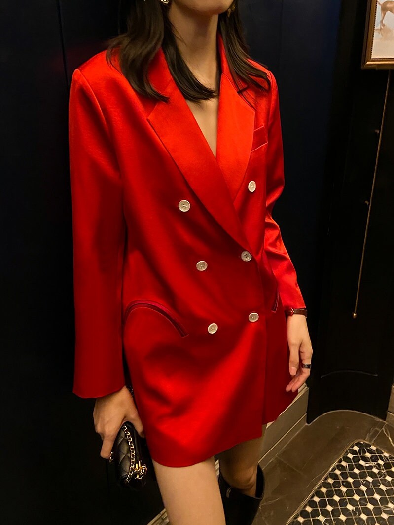 Red Satin Texture Long Blazer, Woman Designer Suit Jacket Minimalist Stylish Modern look for Smart Casual/ Formal/ Event Party/ Gift for her