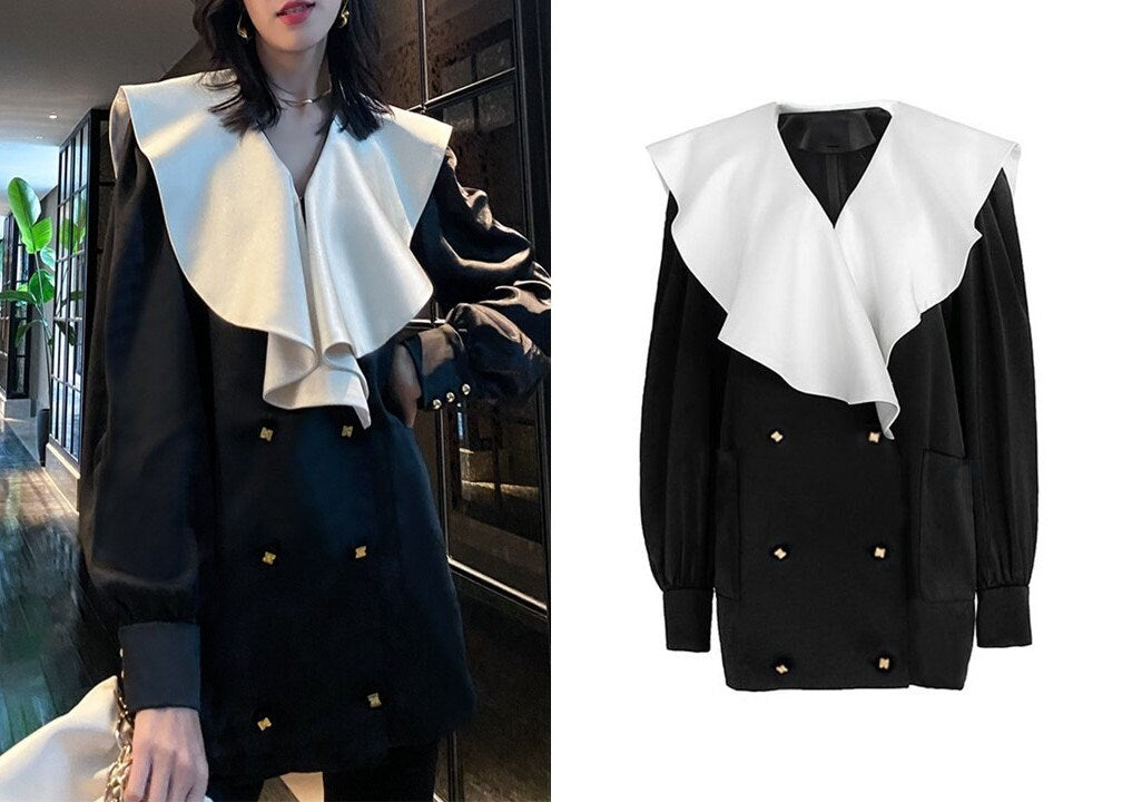 Ruffle Collar Art Blouse, Designer Woman Black & White Sleeved Collared Shirt for Smart Casual/ Formal/ Event Party/ Gift for her