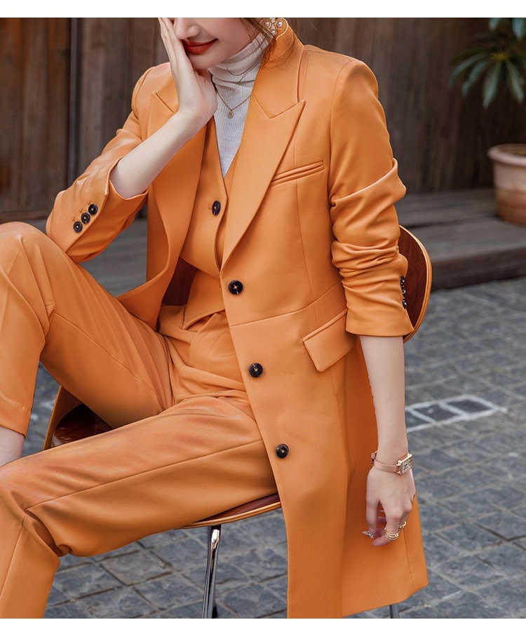 Woman Orange Pantsuit (Suit Jacket+Vest+Pants), Designer Classic Long Blazer Minimalist Korean Style Fashion Formal Smart Casual Event Party