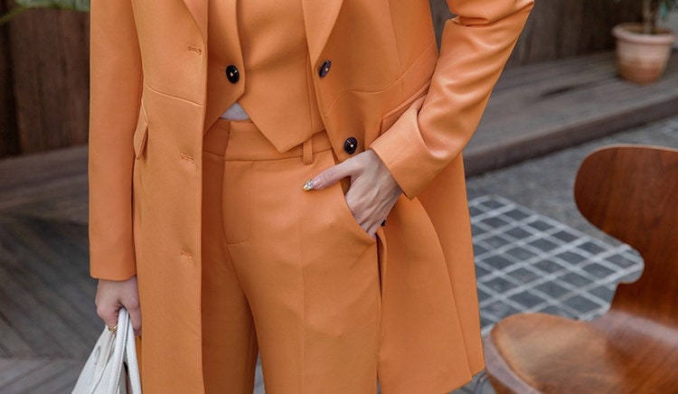 Woman Orange Pantsuit (Suit Jacket+Vest+Pants), Designer Classic Long Blazer Minimalist Korean Style Fashion Formal Smart Casual Event Party