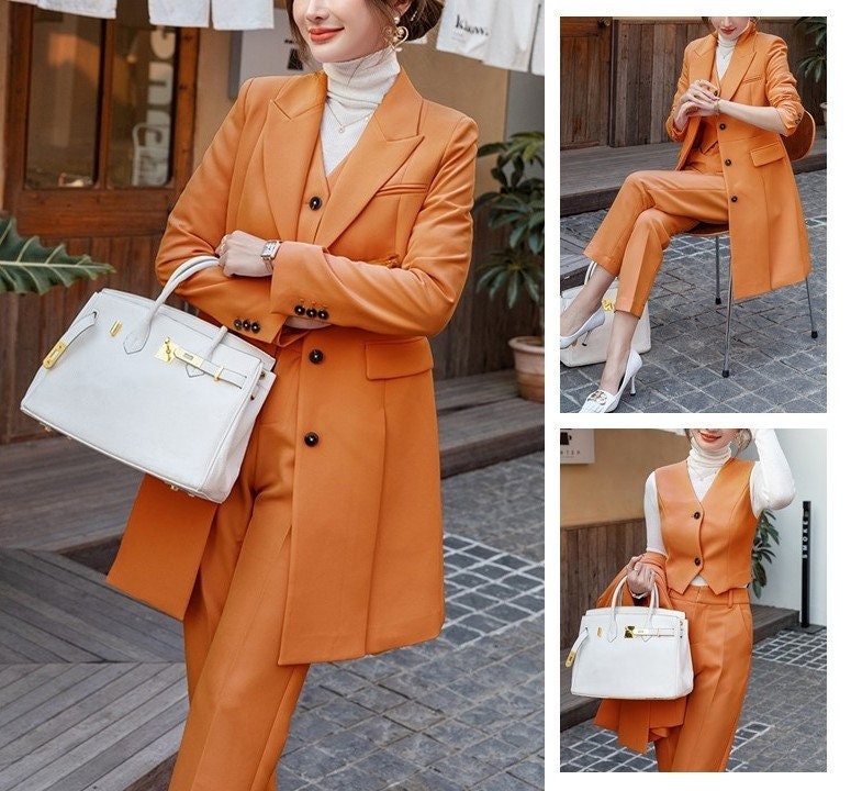 Woman Orange Pantsuit (Suit Jacket+Vest+Pants), Designer Classic Long Blazer Minimalist Korean Style Fashion Formal Smart Casual Event Party