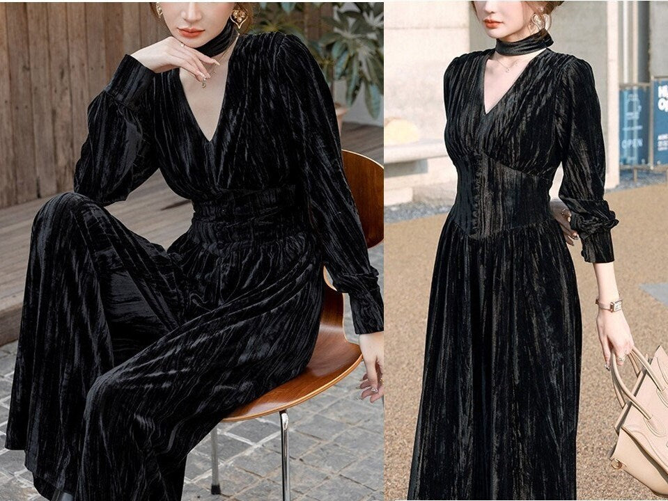 Velvet Black Jumpsuit, Designer Woman Minimalist Korean Style V Neck Playsuit Rompers Smart Casual Formal Event Party Gift for her