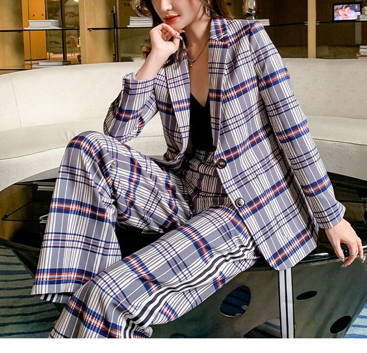 Checkered Pansuit, Designer Woman Suit Jacket + Pants Classic Modern Style Smart Casual Formal Event Party Gift for her