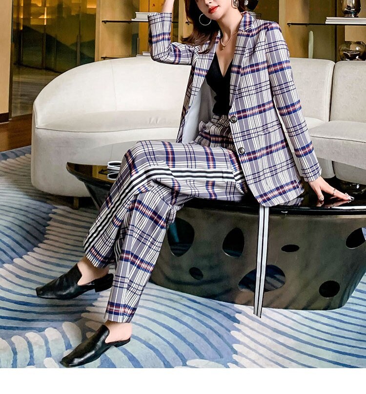 Checkered Pansuit, Designer Woman Suit Jacket + Pants Classic Modern Style Smart Casual Formal Event Party Gift for her