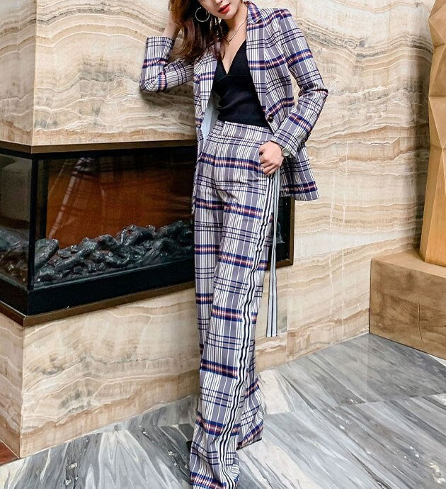 Checkered Pansuit, Designer Woman Suit Jacket + Pants Classic Modern Style Smart Casual Formal Event Party Gift for her