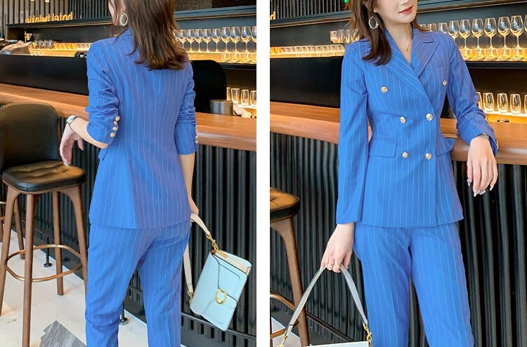 Blue Pantsuit Minimalist Style, Designer Woman Striped Suit Jacket + Pants Smart Casual Formal Event Party Gift for her