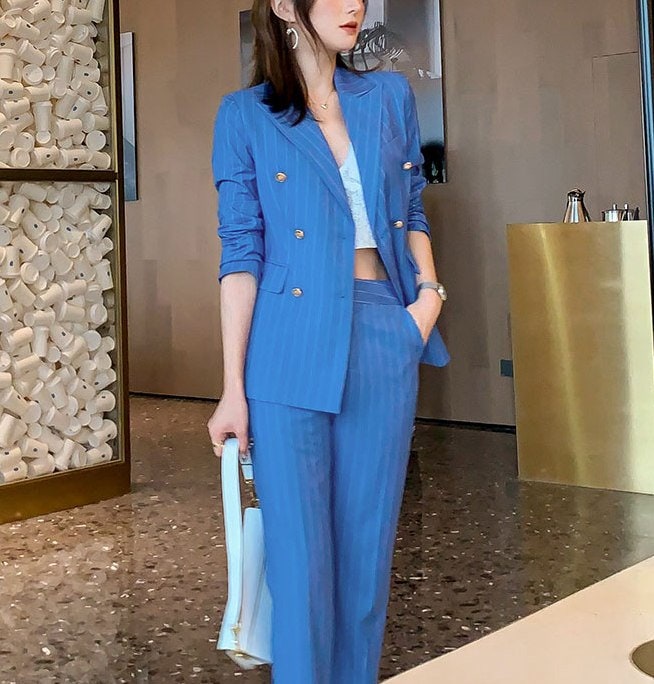 Blue Pantsuit Minimalist Style, Designer Woman Striped Suit Jacket + Pants Smart Casual Formal Event Party Gift for her