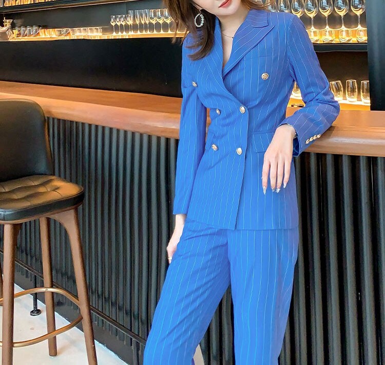 Blue Pantsuit Minimalist Style, Designer Woman Striped Suit Jacket + Pants Smart Casual Formal Event Party Gift for her