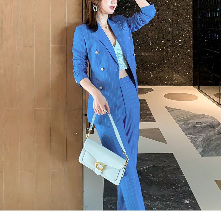 Blue Pantsuit Minimalist Style, Designer Woman Striped Suit Jacket + Pants Smart Casual Formal Event Party Gift for her