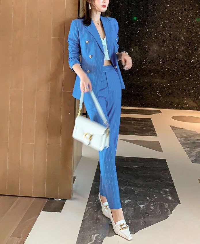 Blue Pantsuit Minimalist Style, Designer Woman Striped Suit Jacket + Pants Smart Casual Formal Event Party Gift for her