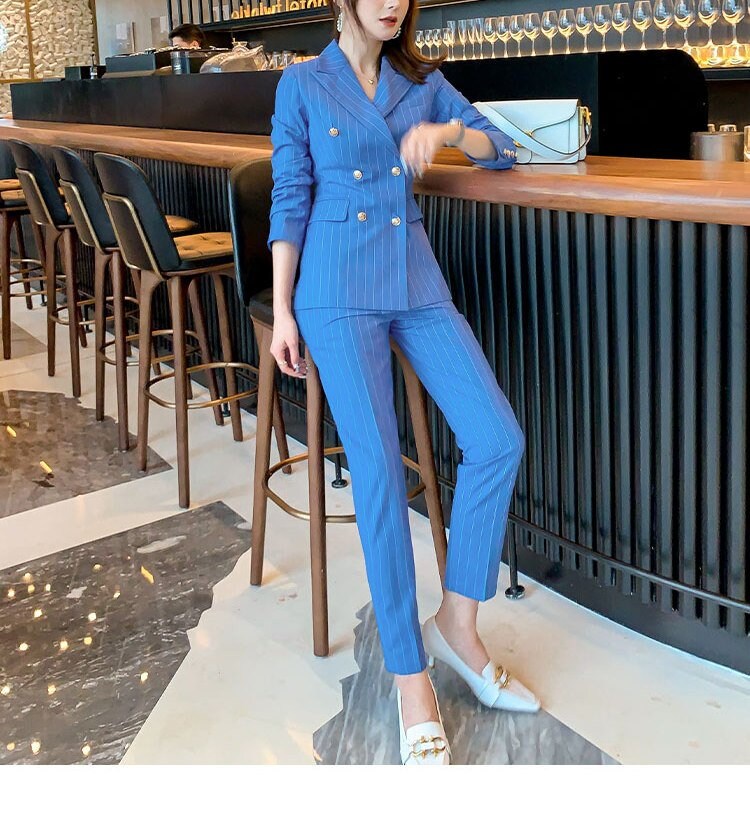 Blue Pantsuit Minimalist Style, Designer Woman Striped Suit Jacket + Pants Smart Casual Formal Event Party Gift for her