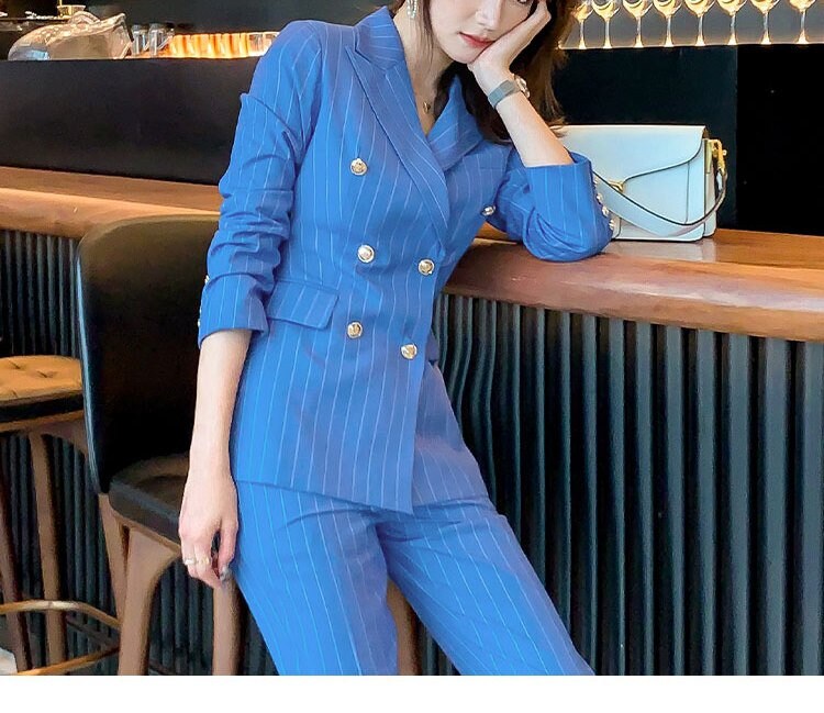 Blue Pantsuit Minimalist Style, Designer Woman Striped Suit Jacket + Pants Smart Casual Formal Event Party Gift for her