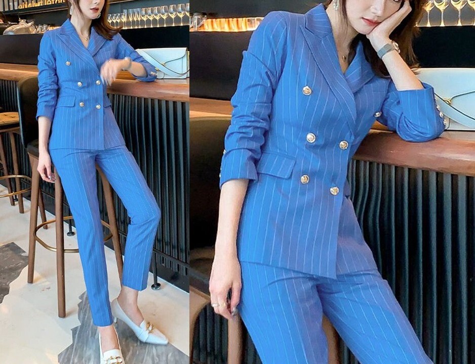 Blue Pantsuit Minimalist Style, Designer Woman Striped Suit Jacket + Pants Smart Casual Formal Event Party Gift for her