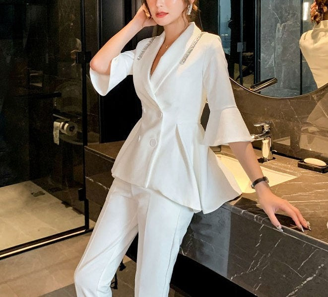 Ruffle Sleeves White Pantsuit, Designer Woman Suit Jacket + Pants Suit Jacket + Pants Minimalist Style Formal Smart Casual Event Party Gift