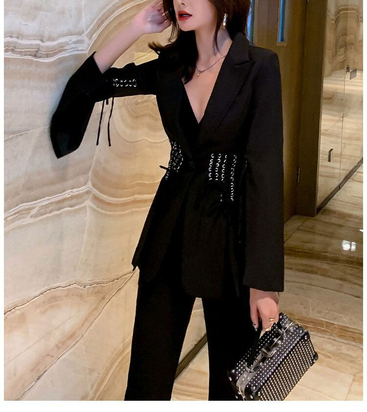 Black Slim Cut Pantsuit, Designer Woman Suit Jacket + Pants Shiny Minimalist Style Smart Casual Formal Event Party Gift