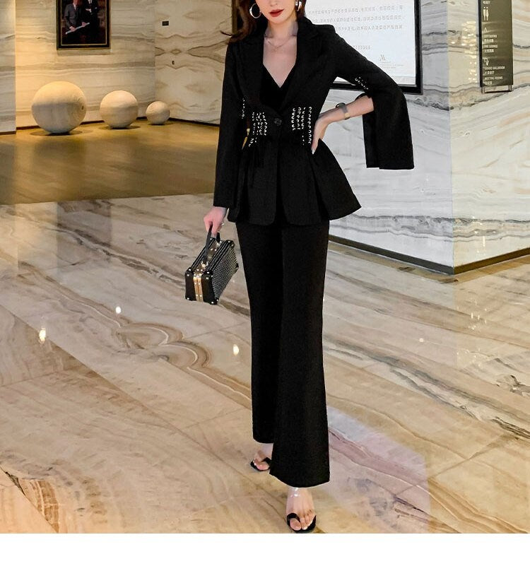 Black Slim Cut Pantsuit, Designer Woman Suit Jacket + Pants Shiny Minimalist Style Smart Casual Formal Event Party Gift