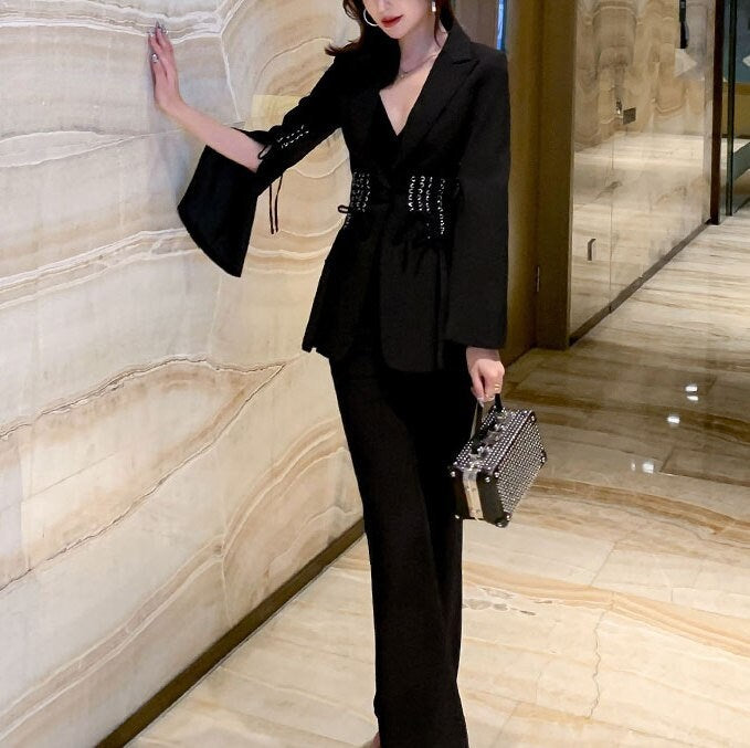 Black Slim Cut Pantsuit, Designer Woman Suit Jacket + Pants Shiny Minimalist Style Smart Casual Formal Event Party Gift