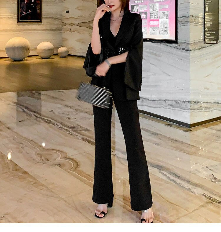 Black Slim Cut Pantsuit, Designer Woman Suit Jacket + Pants Shiny Minimalist Style Smart Casual Formal Event Party Gift