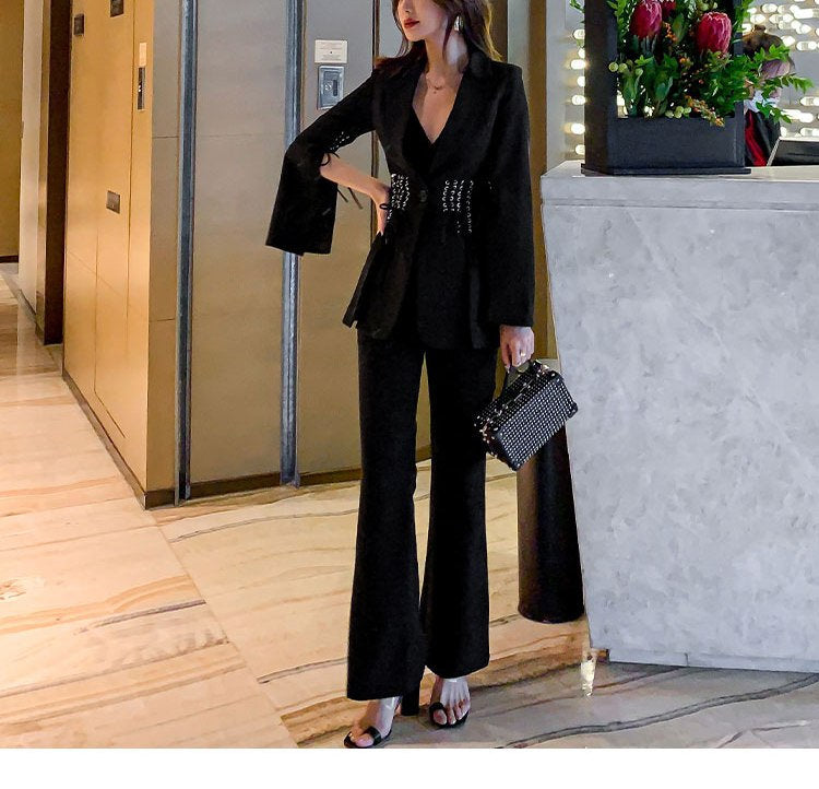 Black Slim Cut Pantsuit, Designer Woman Suit Jacket + Pants Shiny Minimalist Style Smart Casual Formal Event Party Gift