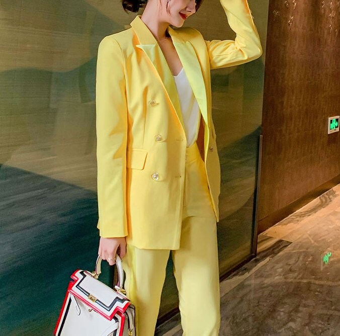 Yellow Woman Pantsuit, Designer Woman Minimalist Style Slim Cut Smart Casual Formal Event Party Gift