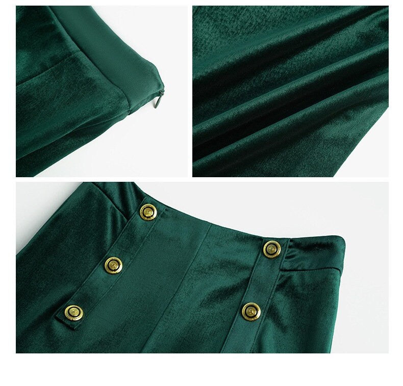 Green Velvet Double Breasted Pantsuit, Designer Woman Suit Jacket/ Blazer + Pants Classic Elegant Smart Casual Formal Event Party Gift