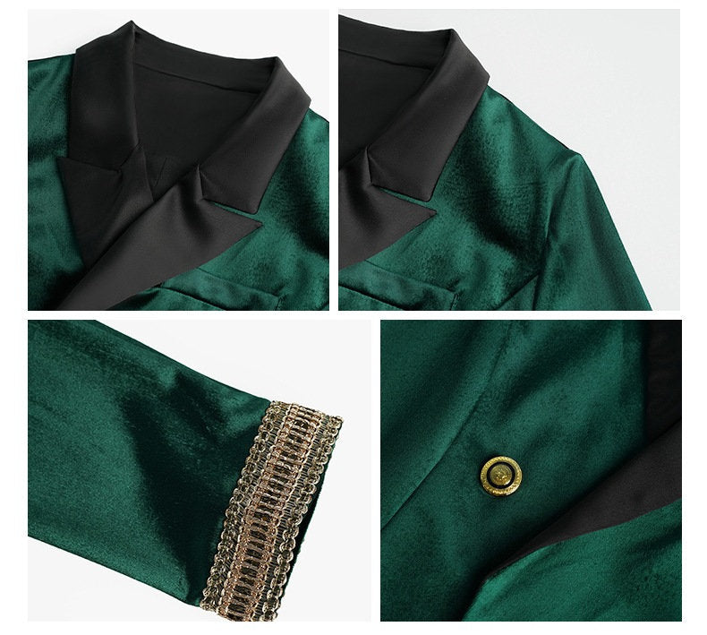 Green Velvet Double Breasted Pantsuit, Designer Woman Suit Jacket/ Blazer + Pants Classic Elegant Smart Casual Formal Event Party Gift