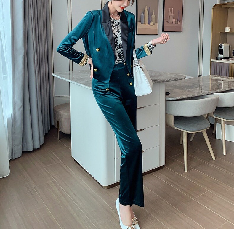 Green Velvet Double Breasted Pantsuit, Designer Woman Suit Jacket/ Blazer + Pants Classic Elegant Smart Casual Formal Event Party Gift